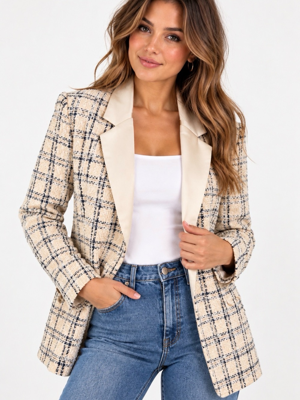 entro Cream and Navy Plaid Tweed Blazer